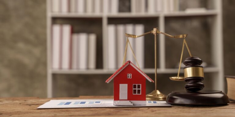 A model house and judge's gavel balanced on a scale